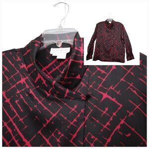 Vintage 100% Silk Loose Fit Front Button Blouse Red Black Doncaster | Size 16